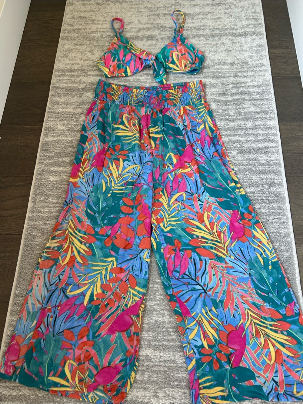 Kona Sol Teal Tropical Leaf Top and Wide-Leg Pants Size L /S